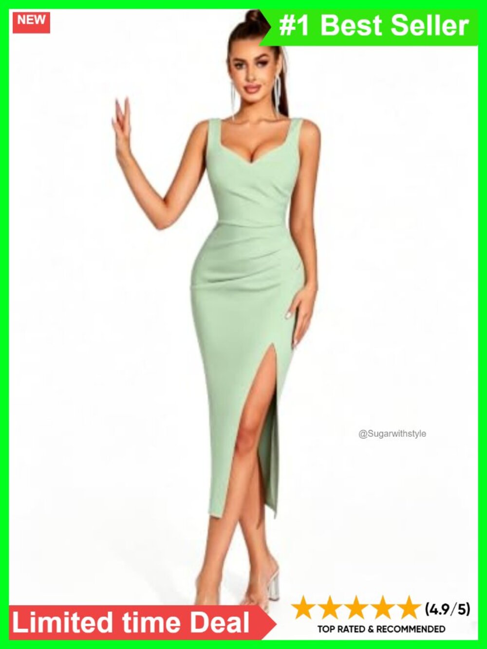 Women's Sleeveless Ruched Bodycon Midi Cocktail Party Dress High Slit